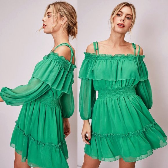 NEW Kelly Green Off Shoulder Ruffle Romantic Dress - Picture 8 of 10